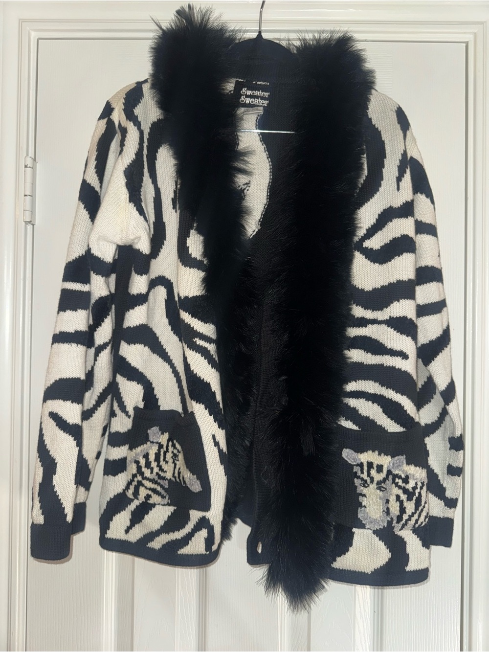 Vintage Black & White Zebra Knit Cardigan with  Fur Collar